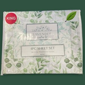 King 4-Pc Sheet Set White Green Leaves Foliage Wrinkle Resistant Sheets NEW NIP